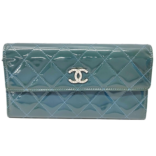 #1386 CHANEL Teal Blue Patent Leather Matelassé Continental Wallet