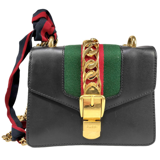 #1381 GUCCI Web Sylvie Mini Navy Blue Calfskin Leather Shoulder Bag