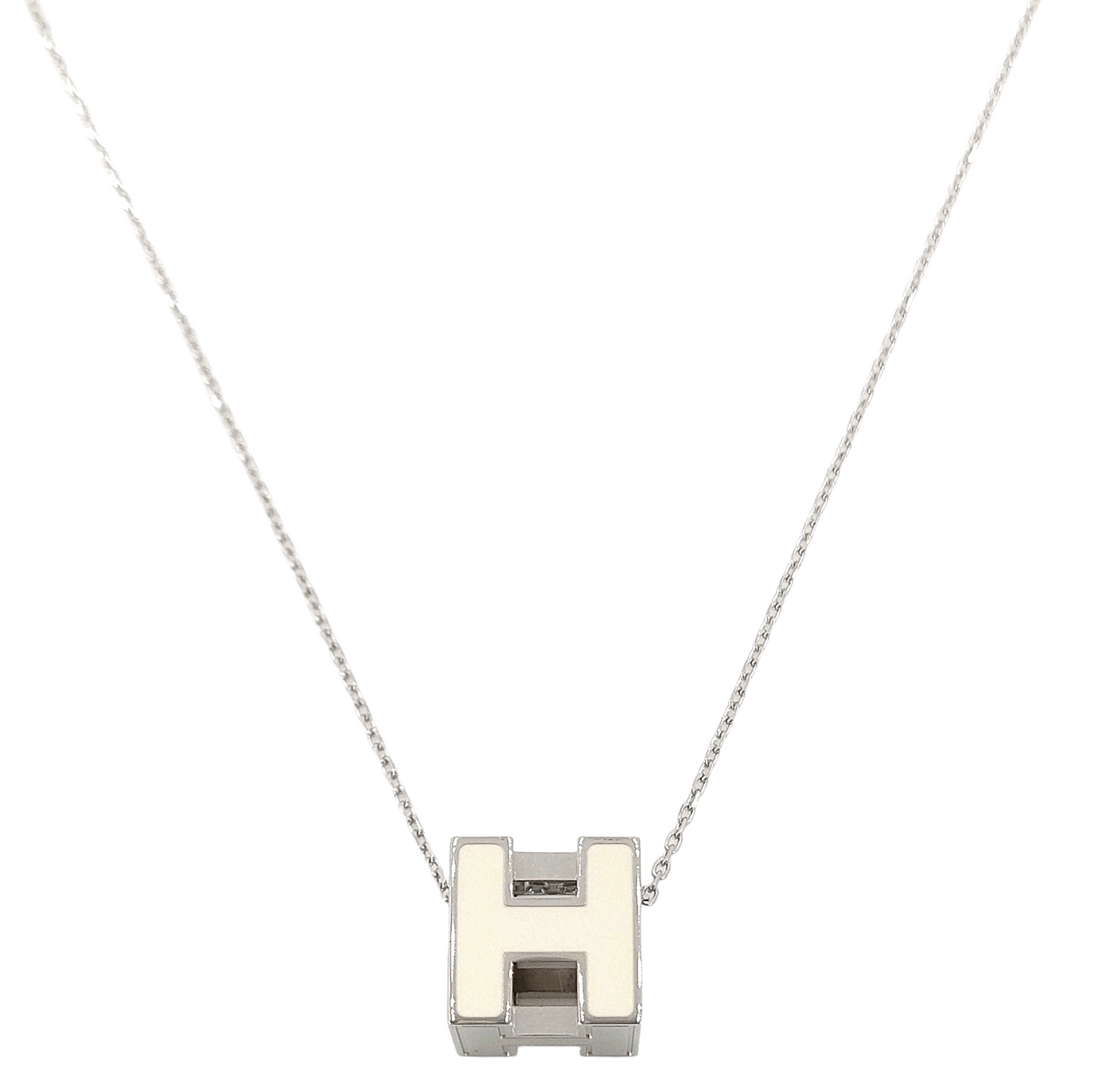 #1391 HERMÈS White Enamel H Cube Cage d'Ash Silver Metal Necklace