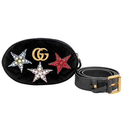 #1371 GUCCI GG Marmont Crystal Stars Black Velvet Matelassé Chevron Belt (Bum) Bag