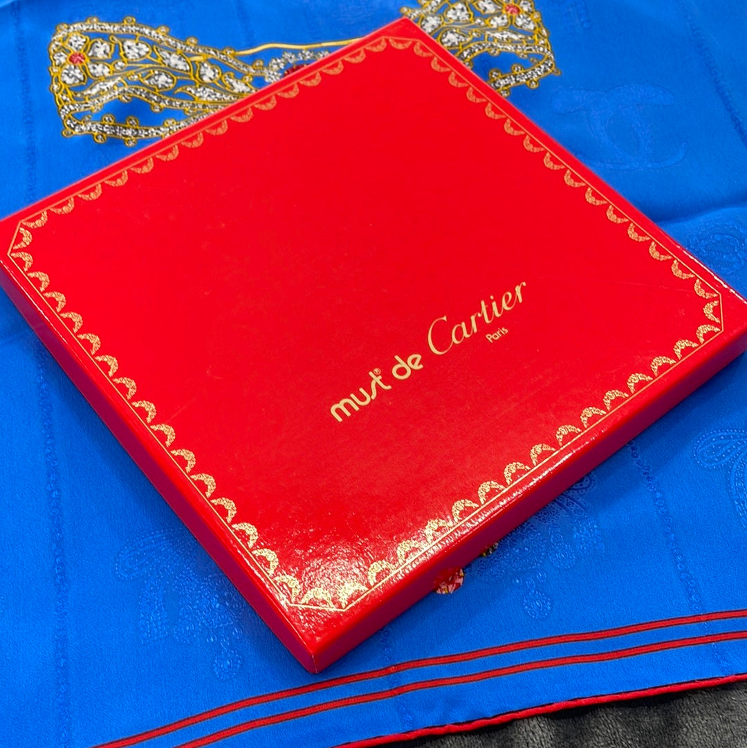 SOLD! Cartier Blue Jewel Brooch "Must De Cartier" Silk Scarf with Box