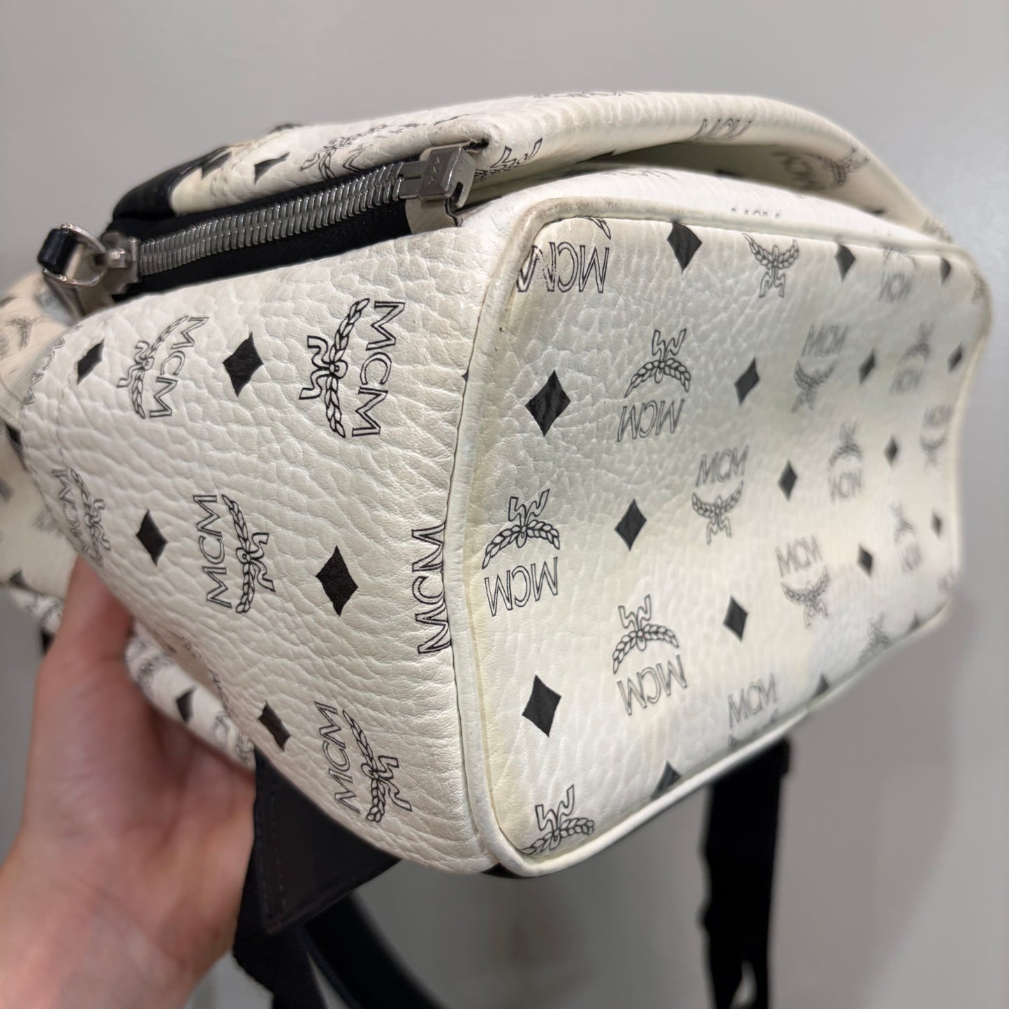 #1122 MCM White Visetos Hermosa Backpack w/ Removable Pouch
