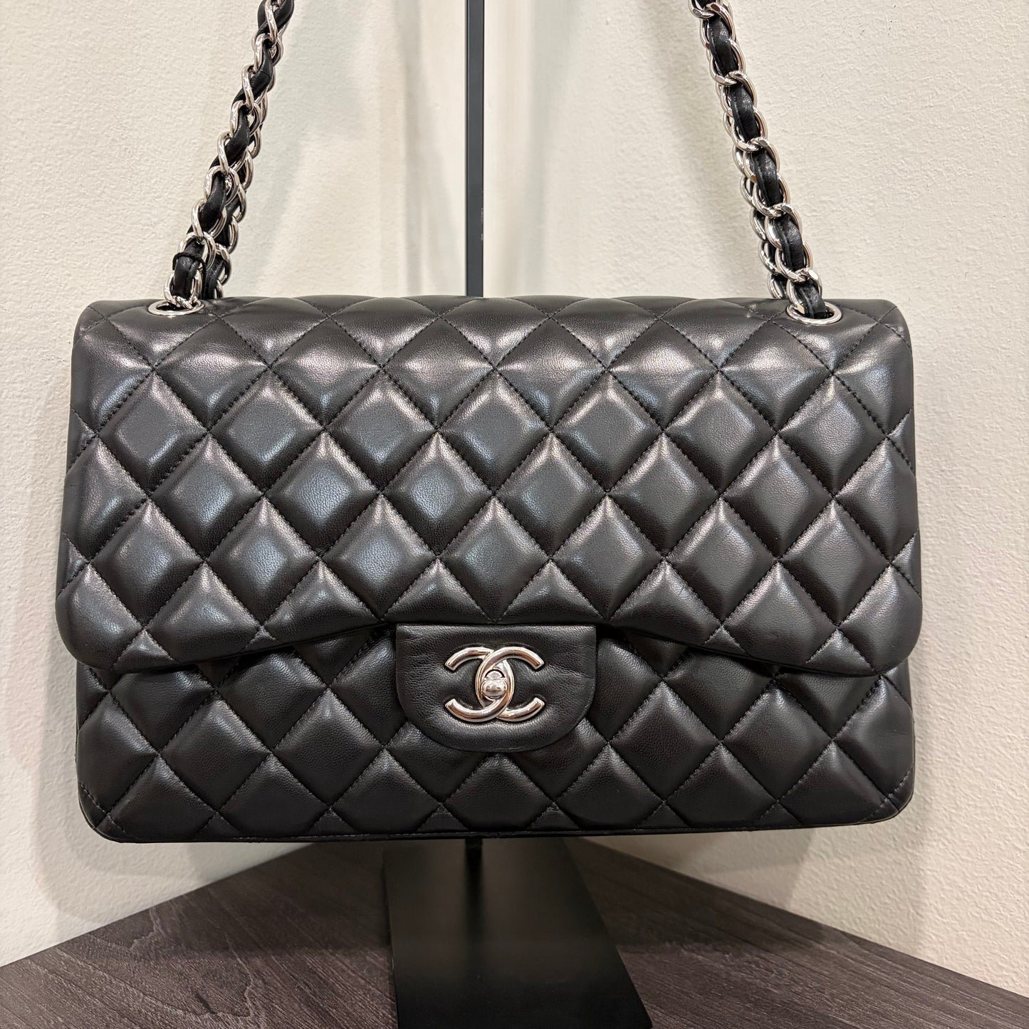 #1197 CHANEL Black Lambskin Classic Jumbo Double Flap Bag
