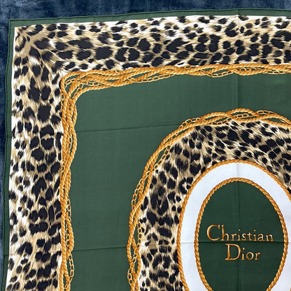 SOLD! Christian Dior Green Leopard Print Silk Scarf