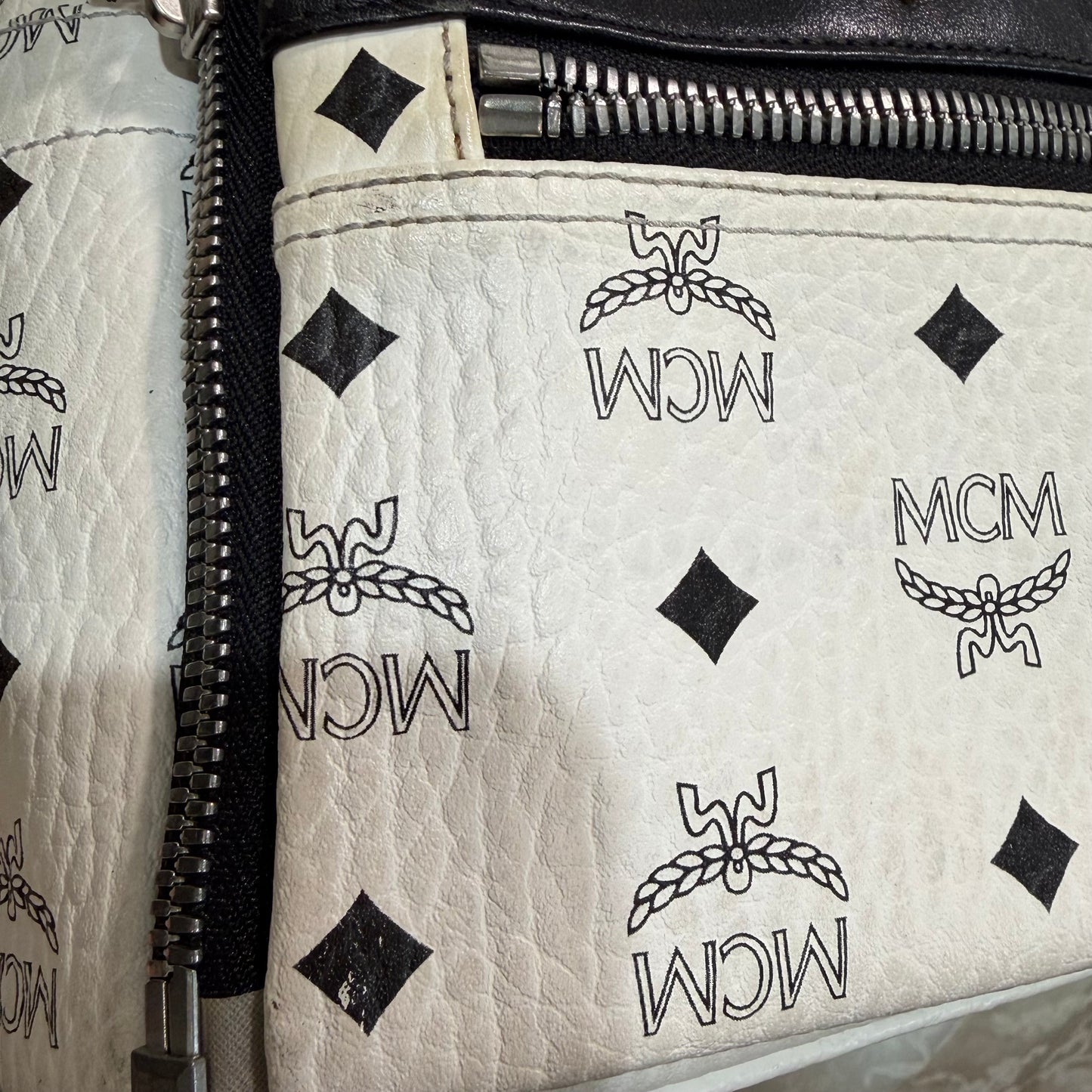 #1122 MCM White Visetos Hermosa Backpack w/ Removable Pouch