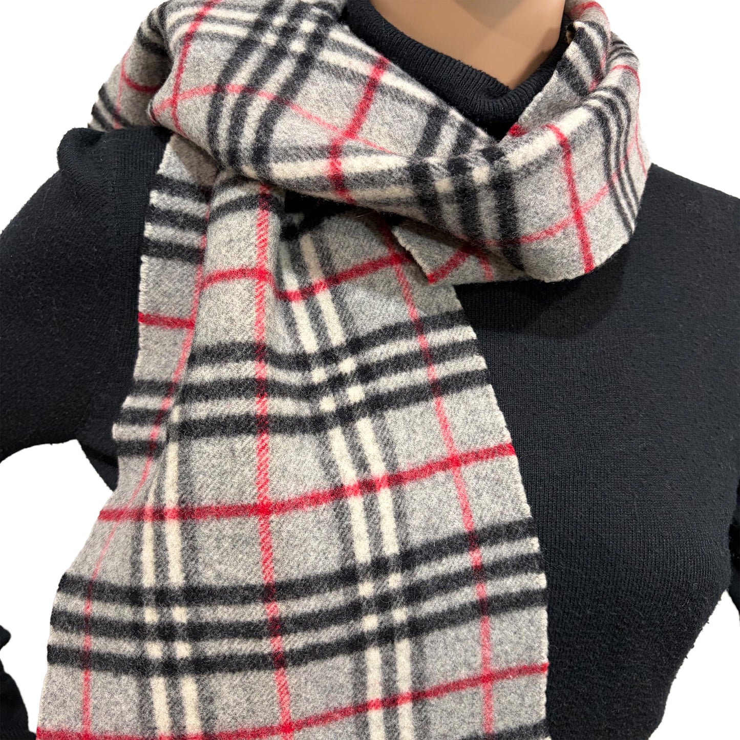 #8225 Vintage BURBERRYS Gray & Red Check 100% Lambswool Scarf Stole