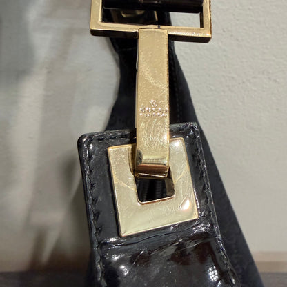 #9109 GUCCI Black GG Canvas & Patent Leather Shoulder Bag