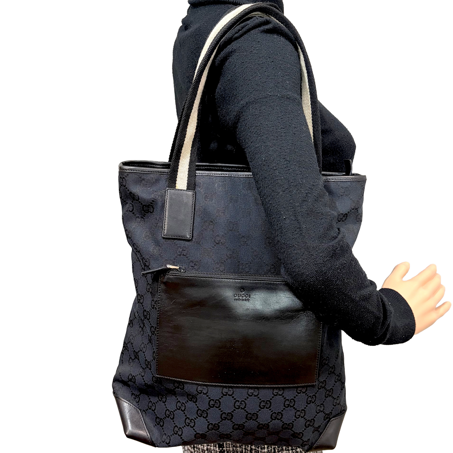 #8200 GUCCI Black GG Canvas Leather Web Tote