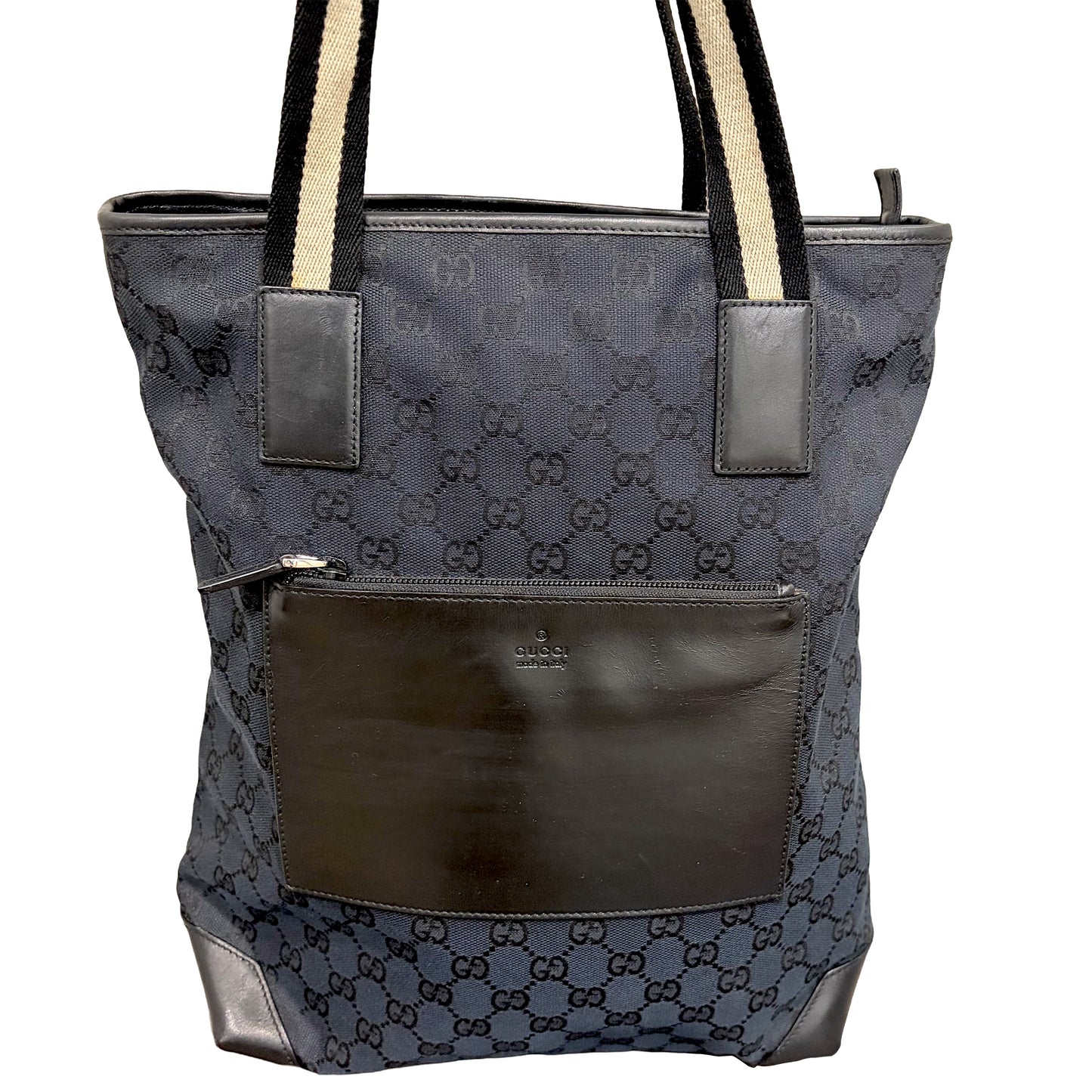 #8200 GUCCI Black GG Canvas Leather Web Tote
