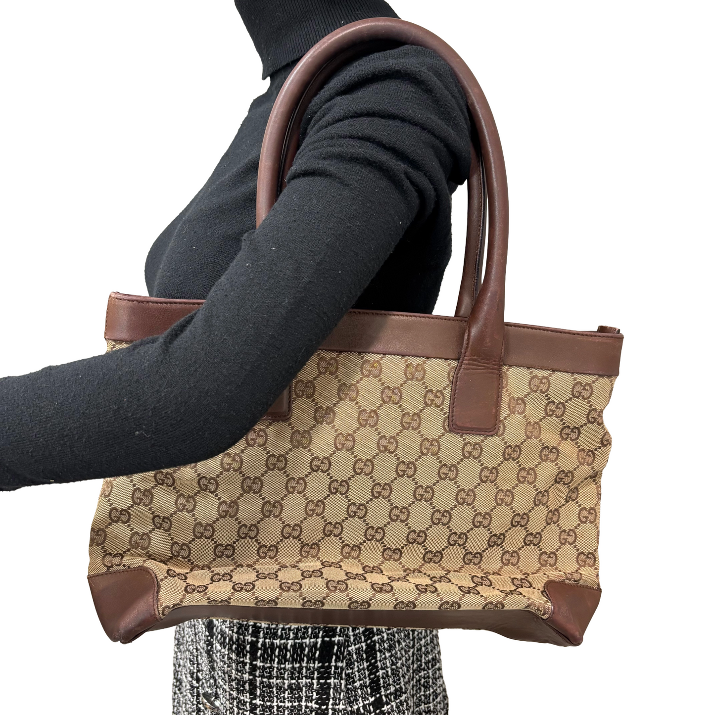 #1130 GUCCI GG Canvas Leather Top Handle Shoulder Bag