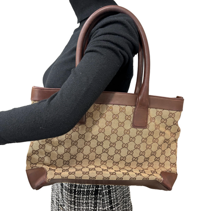 #1130 GUCCI GG Canvas Leather Top Handle Shoulder Bag