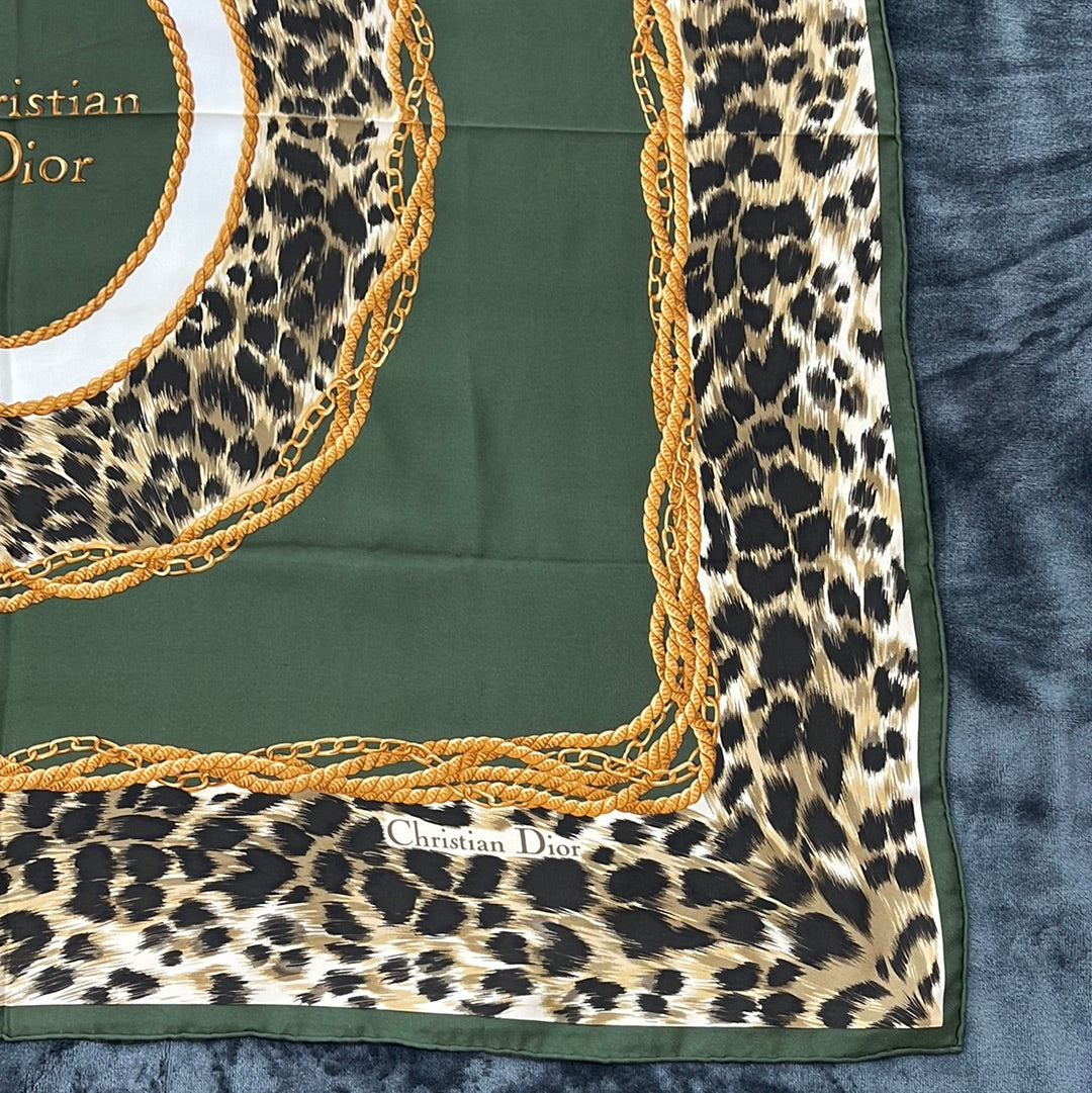 SOLD! Christian Dior Green Leopard Print Silk Scarf