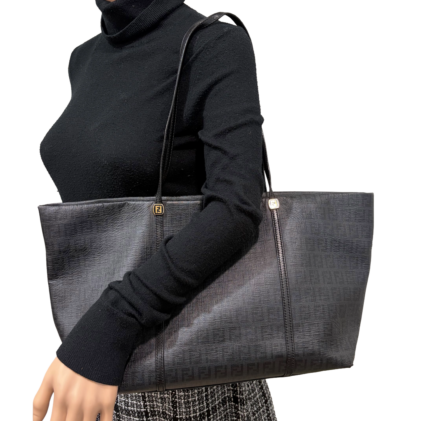 #9107 FENDI Charcoal Zuchinno Coated Canvas and Leather Roll Tote