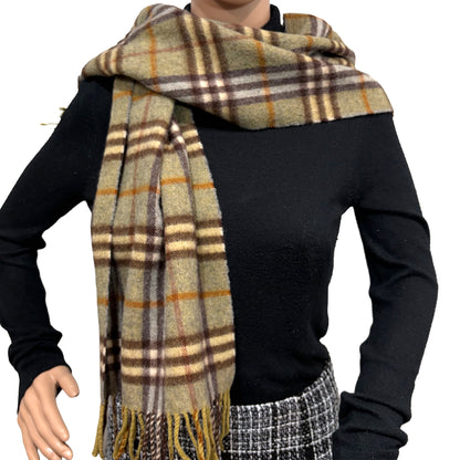 BF-08 Vintage BURBERRY Olive Green Check 100% Cashmere Scarf