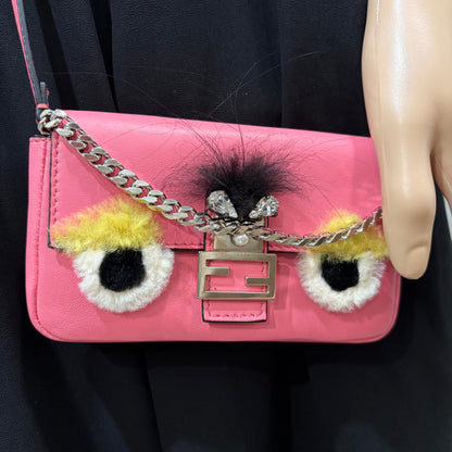 #1117 FENDI Fur-Trimmed Micro Leather Buggie Baguette Bag
