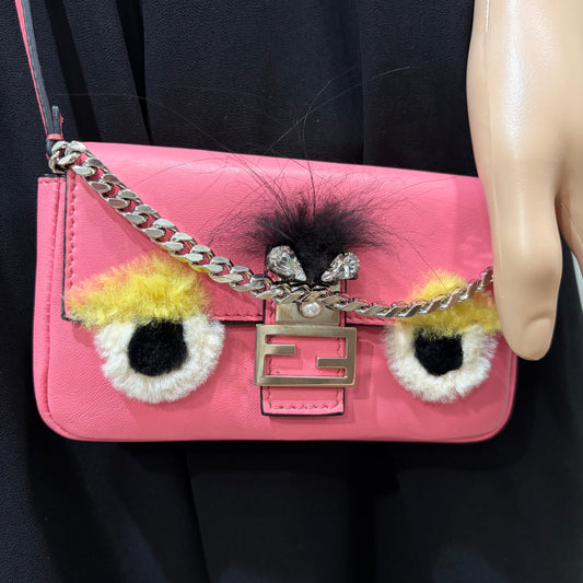 #1117 FENDI Fur-Trimmed Micro Leather Buggie Baguette Bag