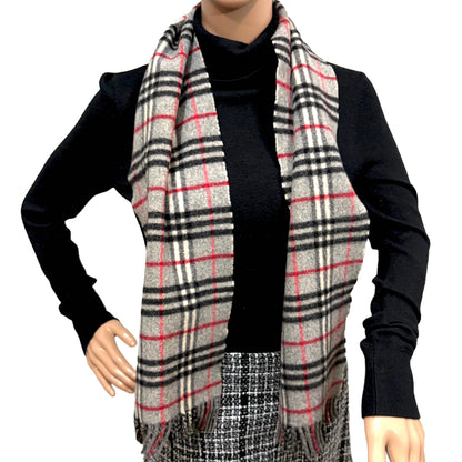 #8225 Vintage BURBERRYS Gray & Red Check 100% Lambswool Scarf Stole