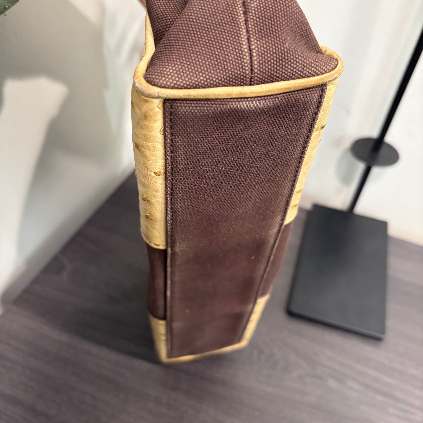 8853 PRADA Brown Canvas and Ostrich Handbag