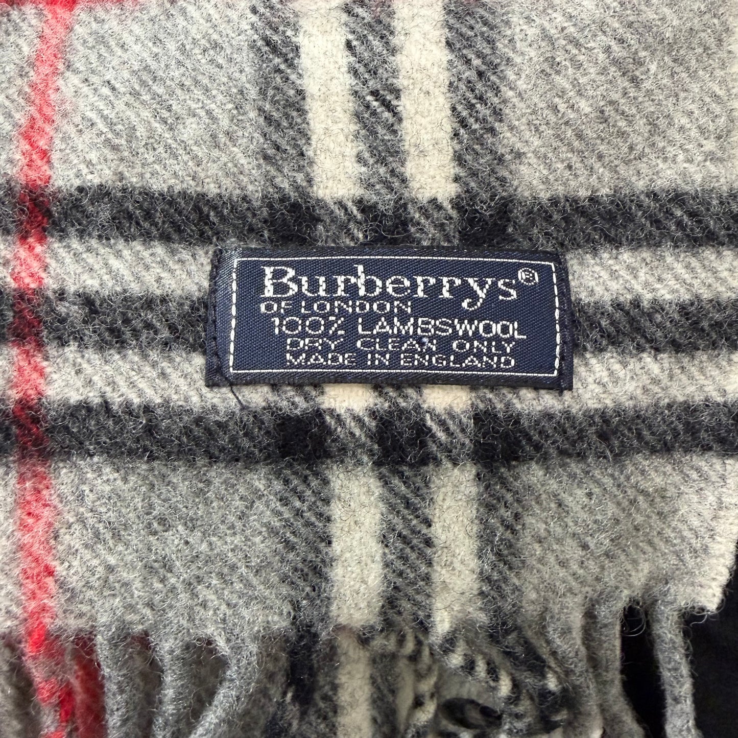 #8210  Vintage BURBERRYS Gray & Red Check 100% Lambswool Scarf Stole