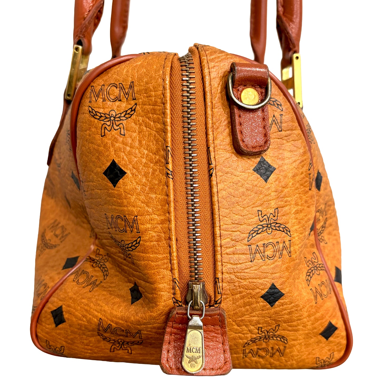 1215-03 MCM Cognac Visetos Coated Canvas & Leather Boston Bag