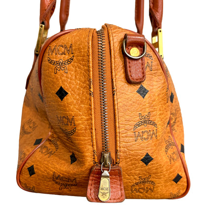 1215-03 MCM Cognac Visetos Coated Canvas & Leather Boston Bag