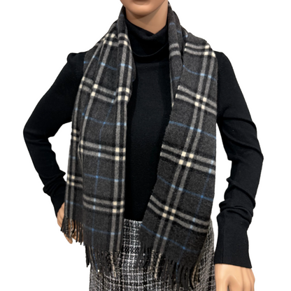 #8223 Vintage BURBERRYS Gray & Blue Check 100% Cashmere Scarf Stole