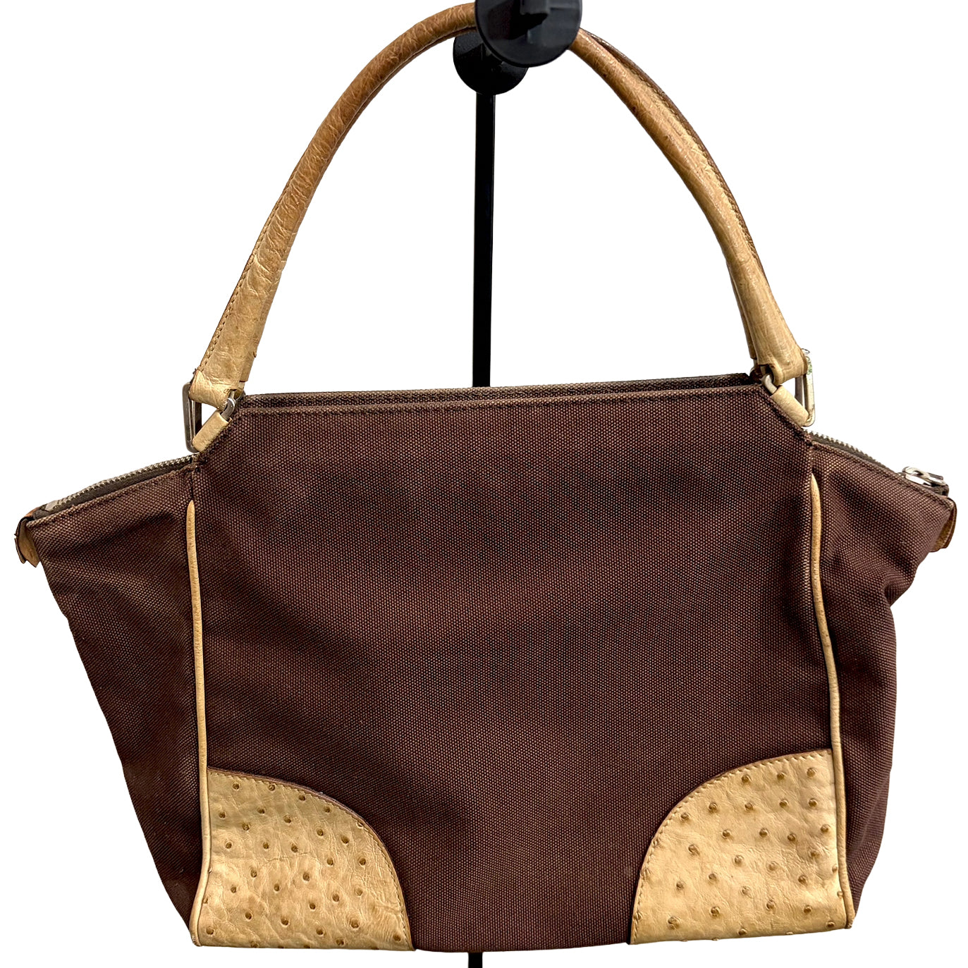 8853 PRADA Brown Canvas and Ostrich Handbag