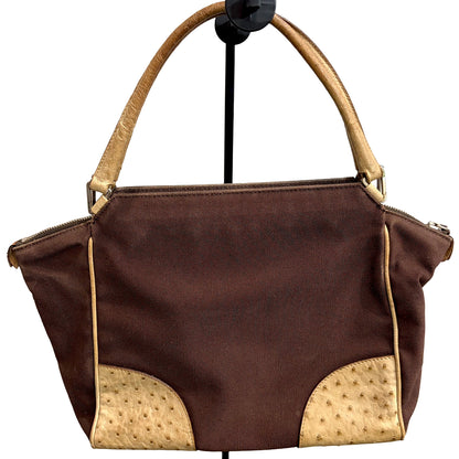 8853 PRADA Brown Canvas and Ostrich Handbag