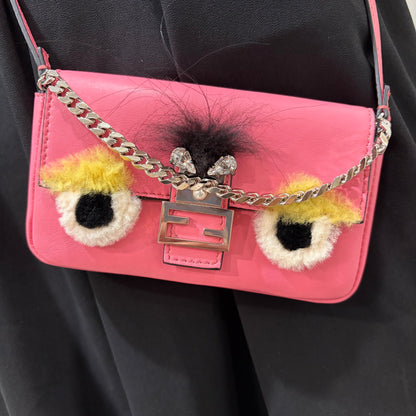 #1117 FENDI Fur-Trimmed Micro Leather Buggie Baguette Bag