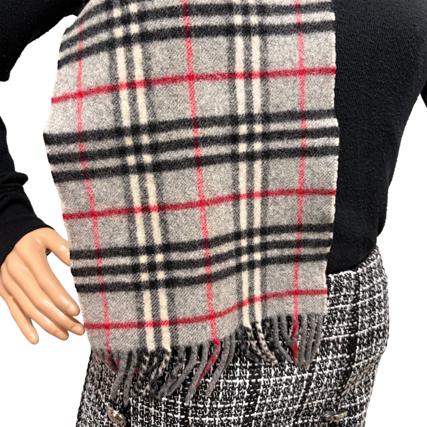#8225 Vintage BURBERRYS Gray & Red Check 100% Lambswool Scarf Stole