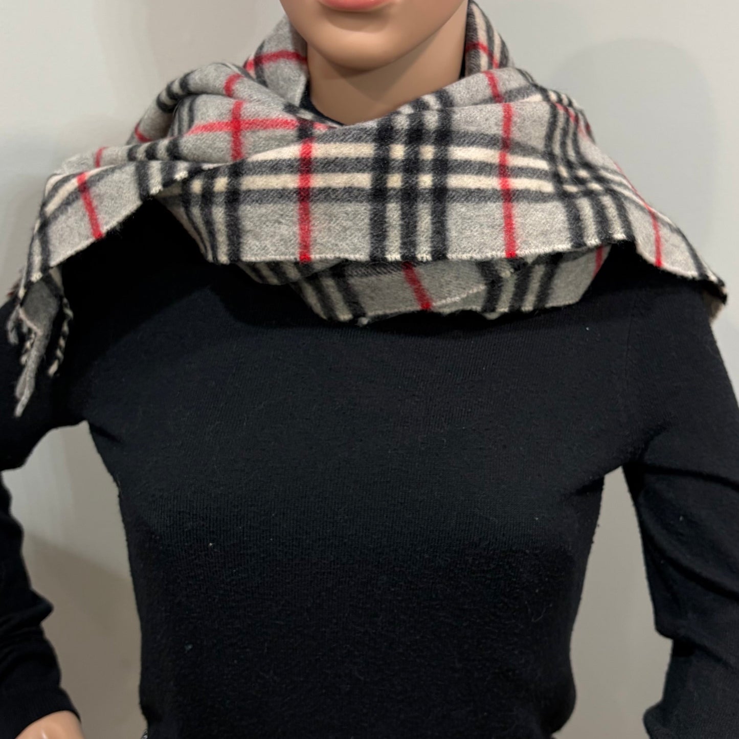 #8221  Vintage BURBERRYS Gray & Red Check 100% Cashmere Scarf Stole