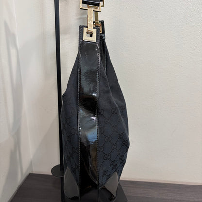 #9109 GUCCI Black GG Canvas & Patent Leather Shoulder Bag