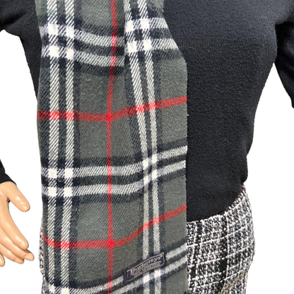 #8224 Vintage BURBERRYS Olive & Red Check 100% Lambswool Scarf Stole