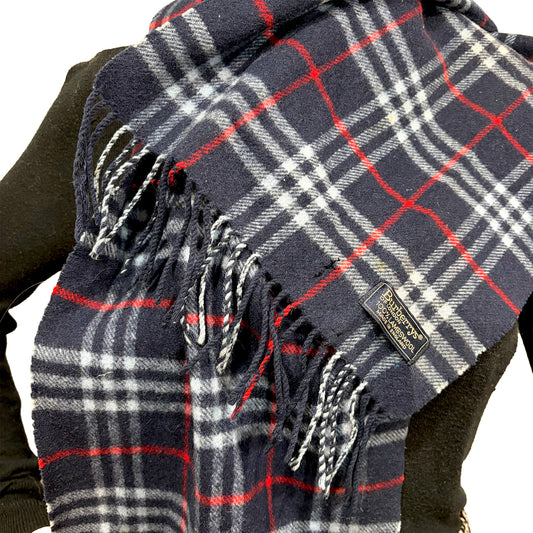 #8270 Vintage BURBERRY Blue Check 100% Lambswool Scarf Stole