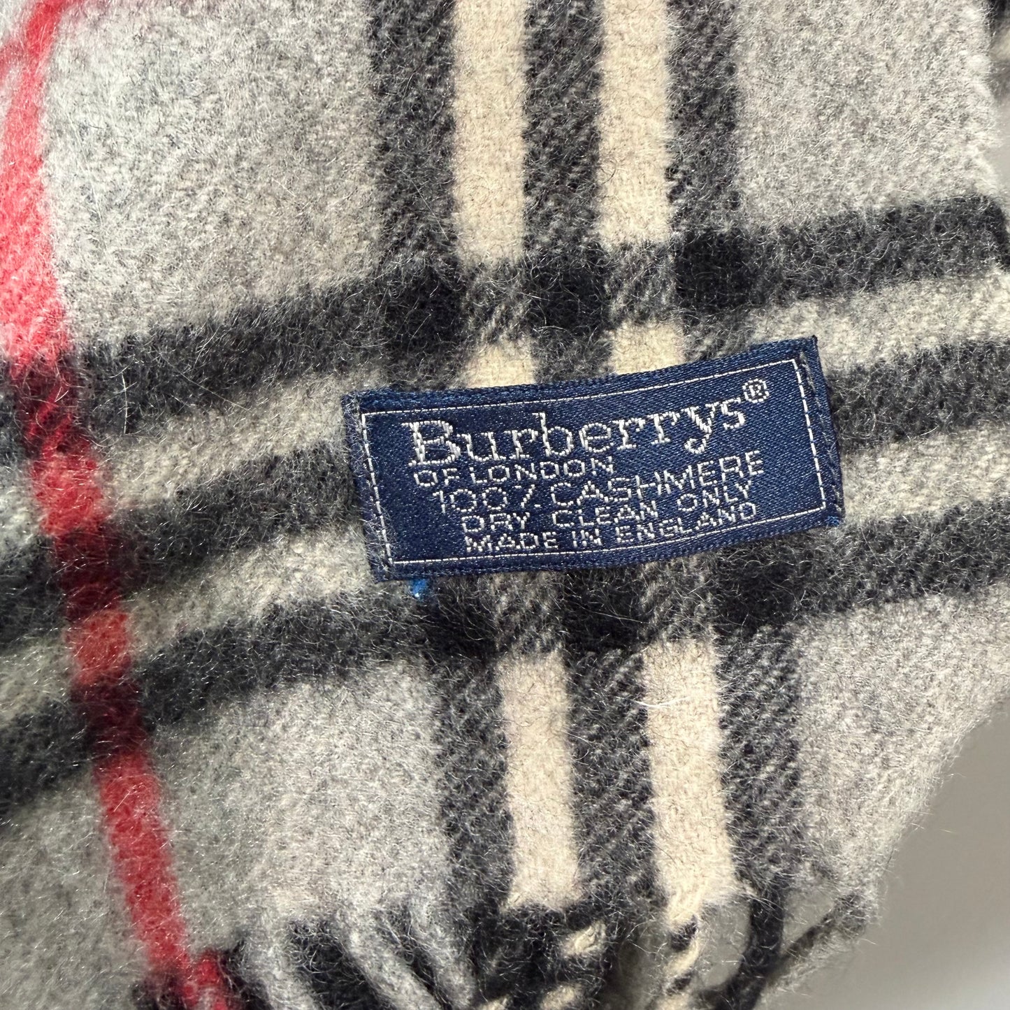 #8221  Vintage BURBERRYS Gray & Red Check 100% Cashmere Scarf Stole