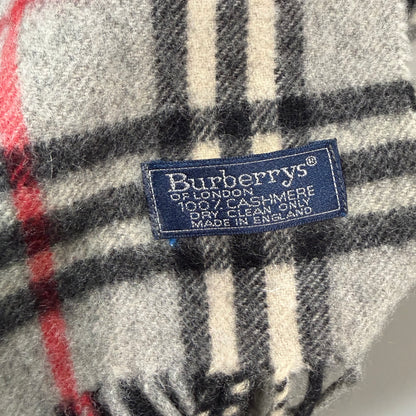 #8221  Vintage BURBERRYS Gray & Red Check 100% Cashmere Scarf Stole