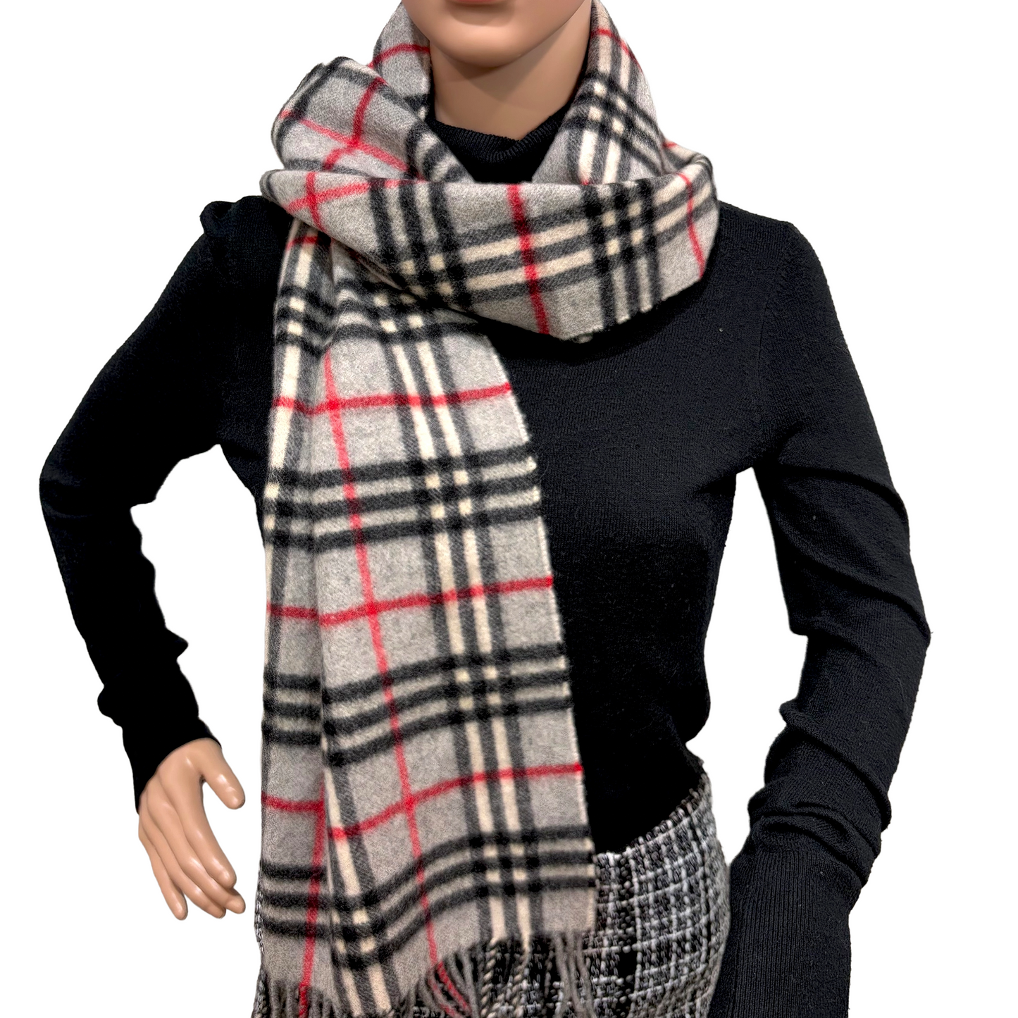 #8221  Vintage BURBERRYS Gray & Red Check 100% Cashmere Scarf Stole