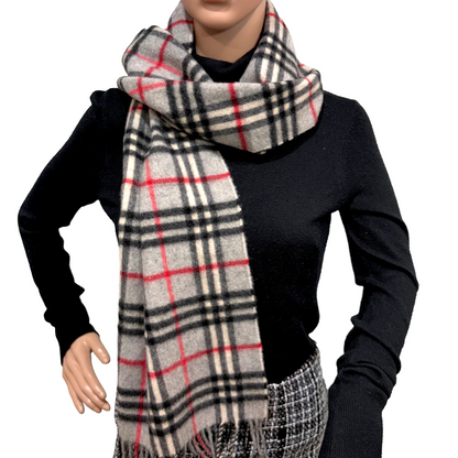 #8221  Vintage BURBERRYS Gray & Red Check 100% Cashmere Scarf Stole