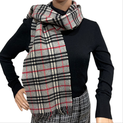 #8225 Vintage BURBERRYS Gray & Red Check 100% Lambswool Scarf Stole