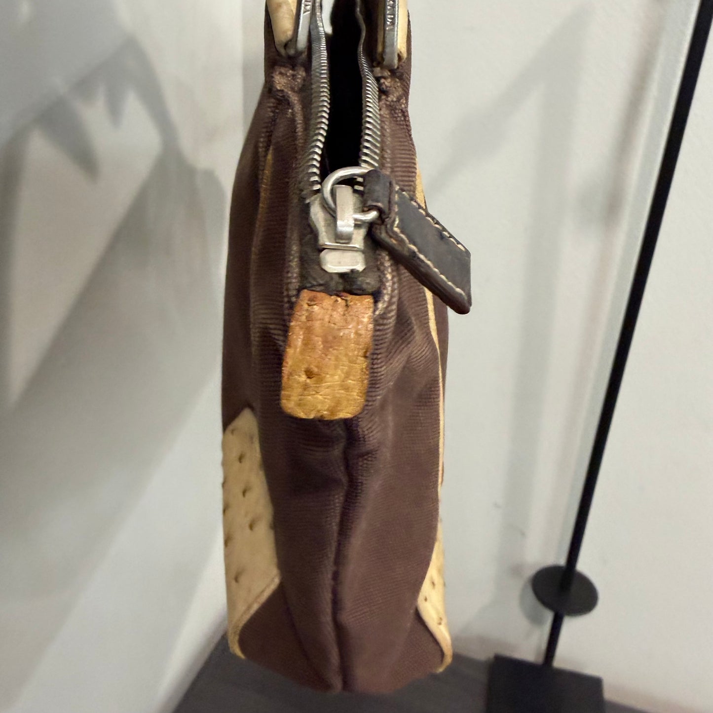 8853 PRADA Brown Canvas and Ostrich Handbag