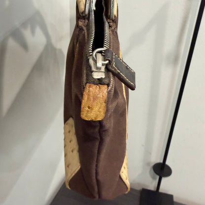 8853 PRADA Brown Canvas and Ostrich Handbag