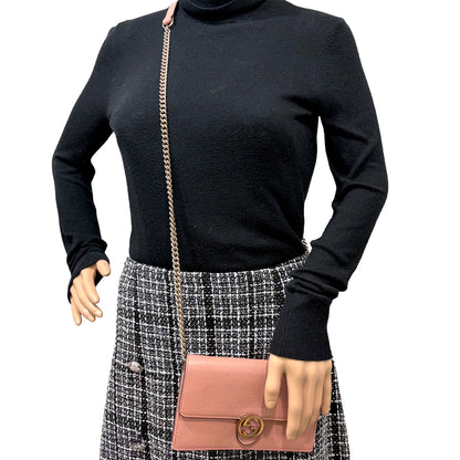 #9106 GUCCI Interlocking G Pink Leather Wallet on Chain