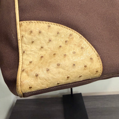 8853 PRADA Brown Canvas and Ostrich Handbag