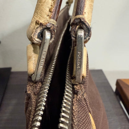 8853 PRADA Brown Canvas and Ostrich Handbag