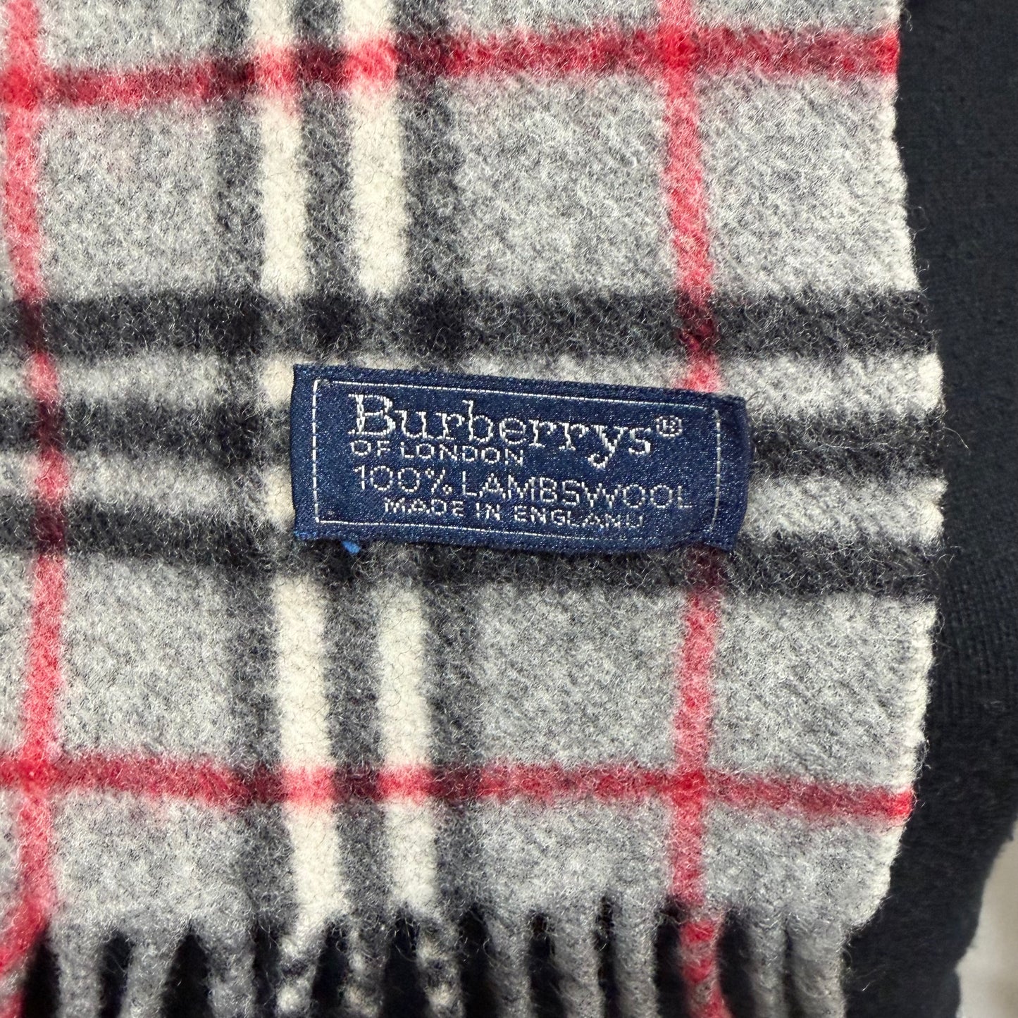 #8225 Vintage BURBERRYS Gray & Red Check 100% Lambswool Scarf Stole