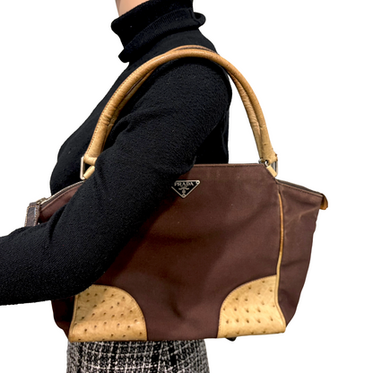 8853 PRADA Brown Canvas and Ostrich Handbag
