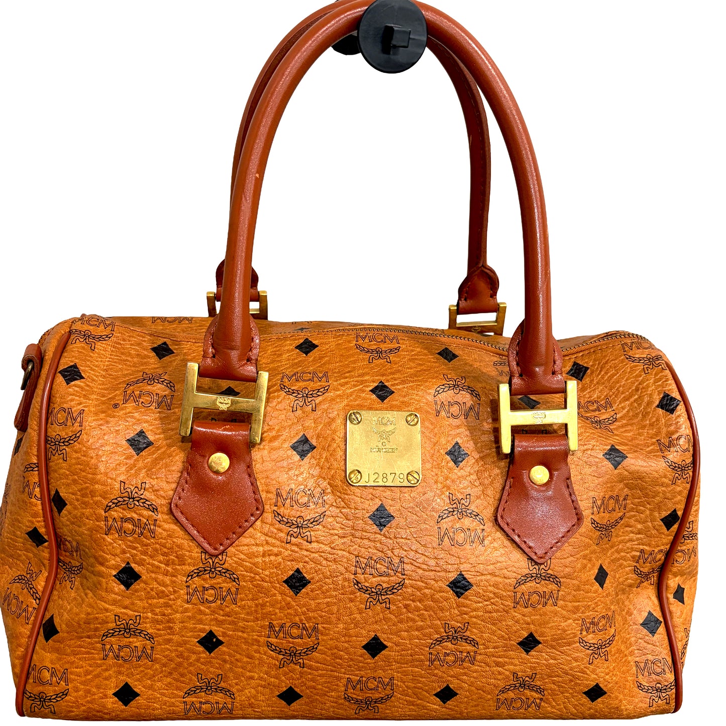 1215-03 MCM Cognac Visetos Coated Canvas & Leather Boston Bag