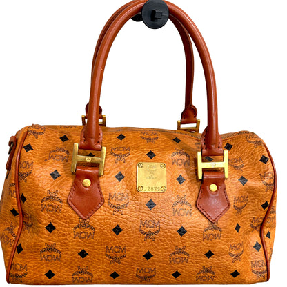 1215-03 MCM Cognac Visetos Coated Canvas & Leather Boston Bag