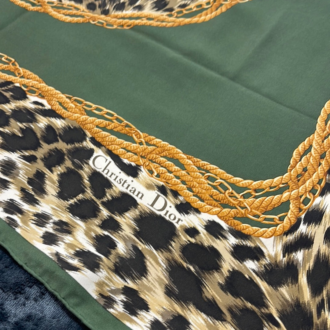 SOLD! Christian Dior Green Leopard Print Silk Scarf