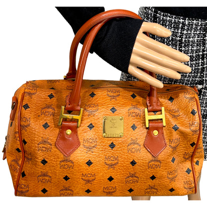 1215-03 MCM Cognac Visetos Coated Canvas & Leather Boston Bag